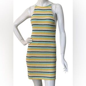 Zara Women’s Halter Dress Size Medium Butter Yellow Blue Stripes New Beach Boho